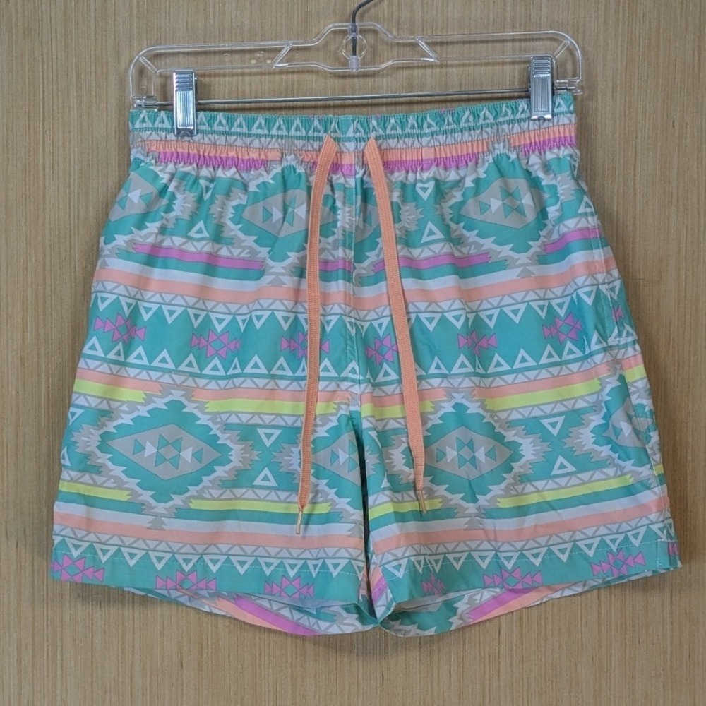 Chubbies Mens Teal Aztec Geometric Print Swim Trunks Medium 5.5 Inch Inseam